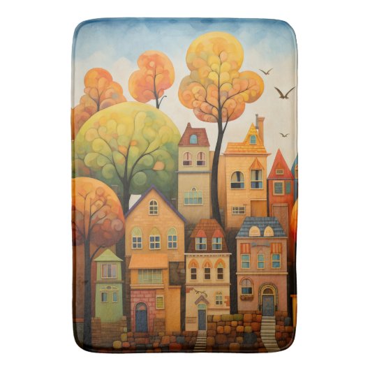 Farbige Häuser und Bäume im Herbst Badematte (Vorderseite Vertikal)