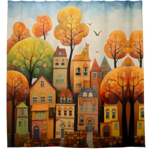Farbige Häuser und Bäume im Herbst Duschvorhang (Vorderseite)