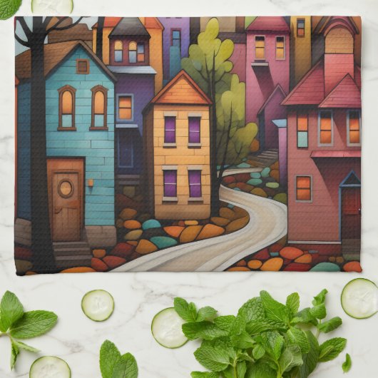 Farbige Häuser und Bäume im Herbst Geschirrtuch (Gefaltet)