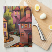 Farbige Häuser und Bäume im Herbst Geschirrtuch (Viertel Falte)