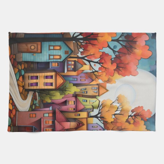 Farbige Häuser und Bäume im Herbst Geschirrtuch (Horizontal)