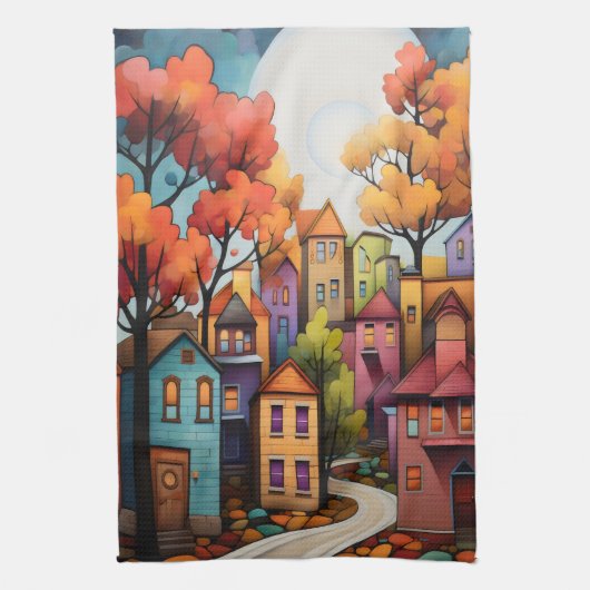 Farbige Häuser und Bäume im Herbst Geschirrtuch (Vertikal)