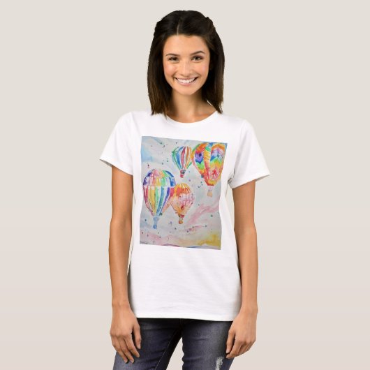 Farbige Heißluftballons Aquarellmalerei T-Shirt (Vorne ganz)