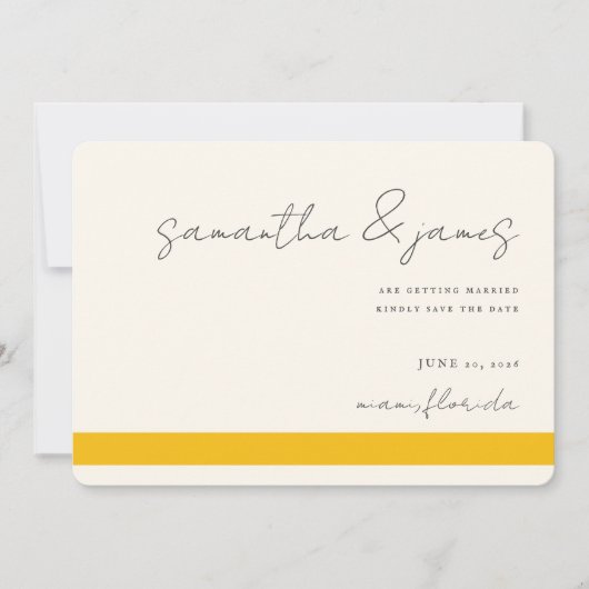 Farbige, hellgelbe Streifen Handgeschriebenes Skri Save The Date (Vorderseite)