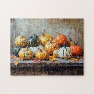 Farbige Herbstpumpen auf rustikalen Tischen Puzzle