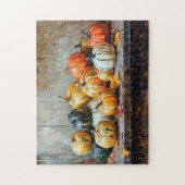 Farbige Herbstpumpen auf rustikalen Tischen Puzzle (Vertikal)