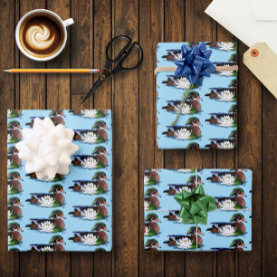 Farbige Holzente Wasserlilie Wildtier Blau Geschenkpapier Set
