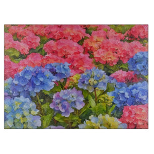 Farbige Hortensienblumen Florale Kunst Glas Schneidebrett