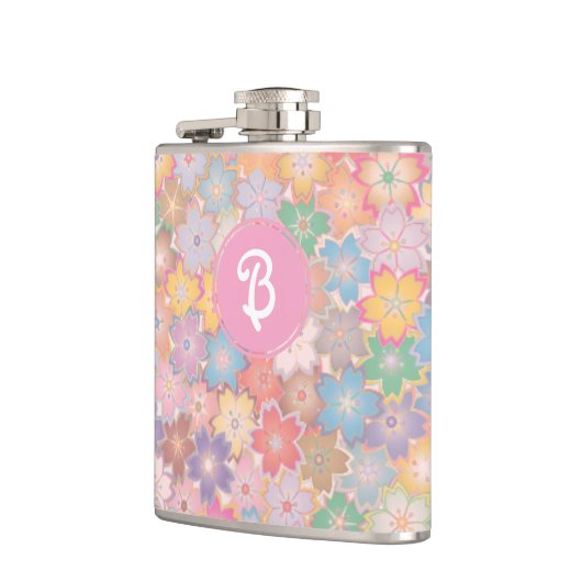 Farbige Hübsche Hippy Floral Pink Monogramm Flachmann (Links)