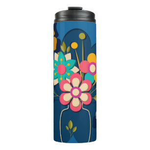 Farbige hübsche moderne Blumenbouquet auf Blau Thermosbecher