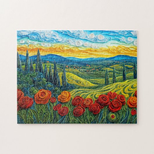 Farbige Hügellandschaft mit Mohnfeld Puzzle (Horizontal)