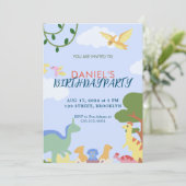 Farbige Illustration Niedlich Dinosaurier Geburtst Einladung (Stehend Vorderseite)