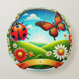 Farbige Illustration von Schmetterling, Ladybug, F Rundes Kissen