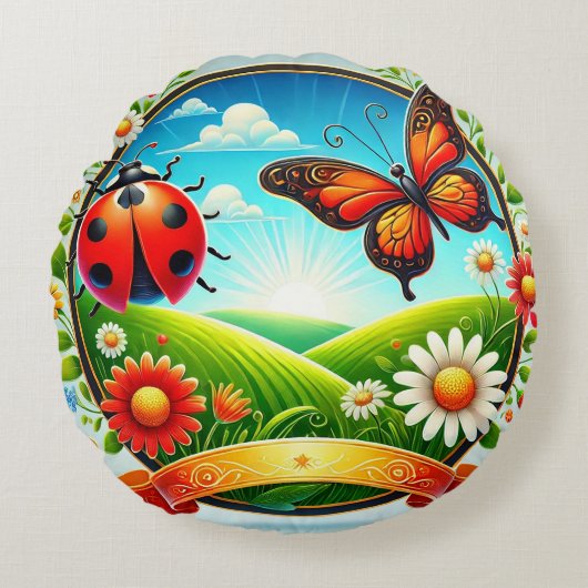 Farbige Illustration von Schmetterling, Ladybug, F Rundes Kissen (Vorderseite)