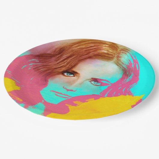 Farbige illustrierte Papierplatte - intensiv Pappteller (Schrägansicht)