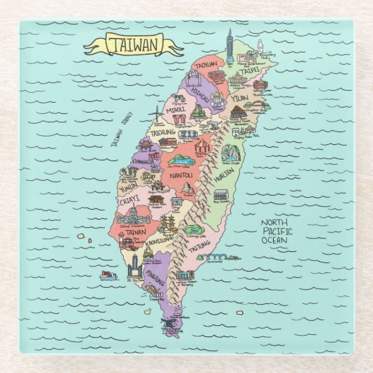 Farbige Illustrierte Taiwan Map Glas Untersetzer (Vorderseite)