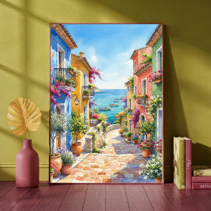 Farbige italienische Küstenort-Gasse Ozean Poster
