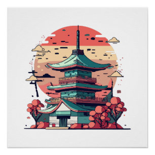 Farbige japanische Gebäude Kunst Poster
