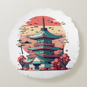 Farbige japanische Gebäude Kunst Rundes Kissen