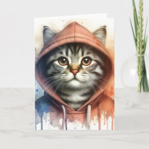 Farbige Katze im farbenfrohen Hoodie Splash Art Bl Karte