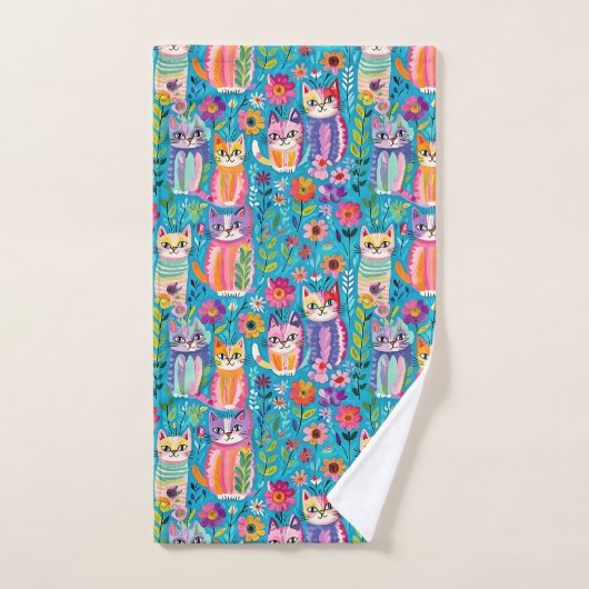 Farbige Katzen und Blume Whimsical Happy Badhandtuch Set (Handtuch)