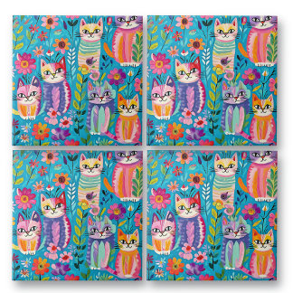 Farbige Katzen und Blume Whimsical Happy Fliese