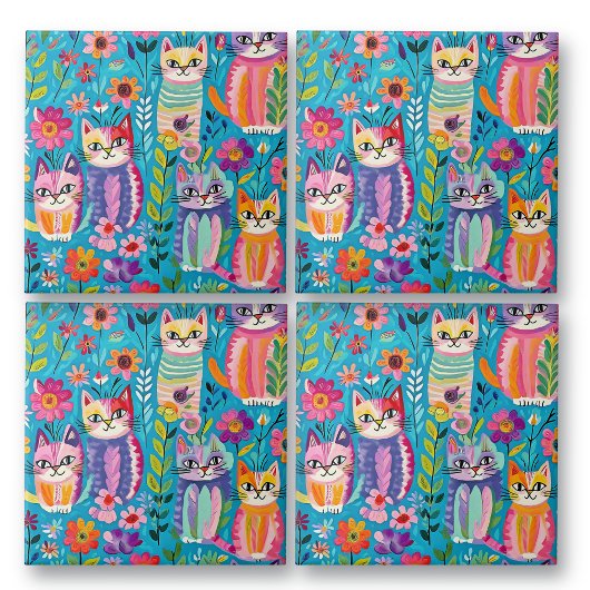 Farbige Katzen und Blume Whimsical Happy Fliese