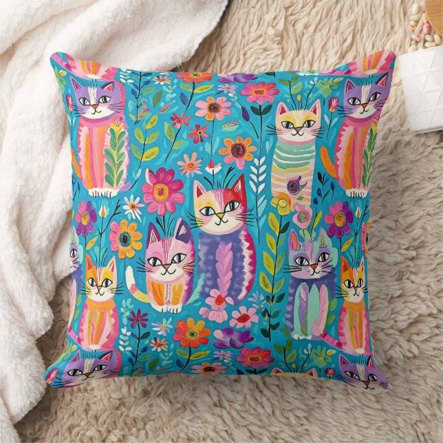 Farbige Katzen und Blume Whimsical Happy Kissen (Decke)