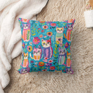 Farbige Katzen und Blume Whimsical Happy Kissen