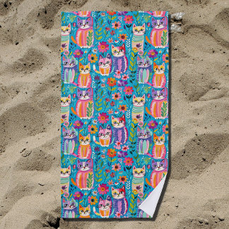 Farbige Katzen und Blume Whimsical Happy Strandtuch