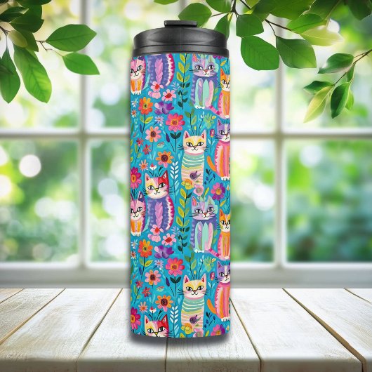 Farbige Katzen und Blume Whimsical Happy Thermosbecher