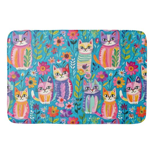 Farbige Katzen und Blume Whimsikum Badematte (Vorderseite)