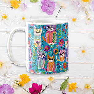 Farbige Katzen und Blume Whimsischer Geburtstag Kaffeetasse