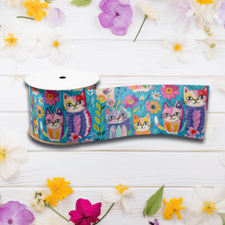 Farbige Katzen und Blume Whimsischer Geburtstag Satinband
