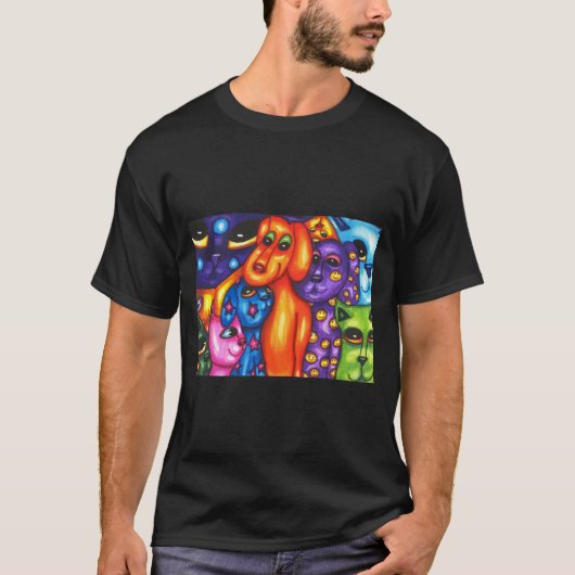 farbige Katzen und Hunde abstrakte Originalkunst T-Shirt (Vorderseite)