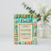 Farbige Kindergeburtstagseinladung Postkarte (Stehend Vorderseite)