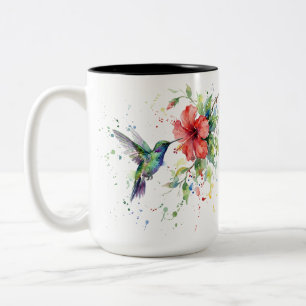 Farbige Kolibri-Wasserfarben-Blumen-Natur-Kunst Zweifarbige Tasse