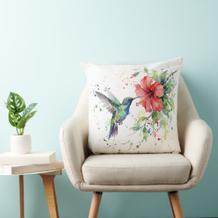 Farbige Kolibri-Wasserfarben-Blumen-Naturkunst Kissen
