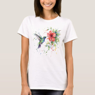 Farbige Kolibri-Wasserfarben-Blumen-Naturkunst T-Shirt