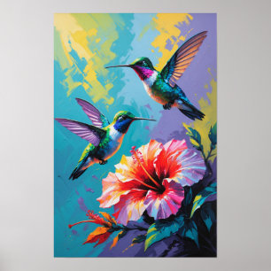 Farbige Kolibris mit tropischer Blumenpracht Poster