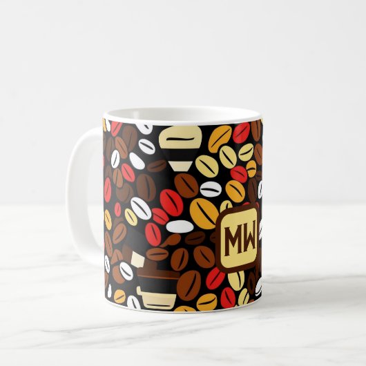 Farbige, kühne Kaffeebohnen mit großen Monogramm Kaffeetasse (Vorderseite Links)
