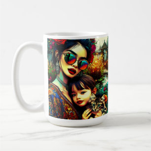Farbige Kunst Mutter und Tochter asiatischer Blume Kaffeetasse