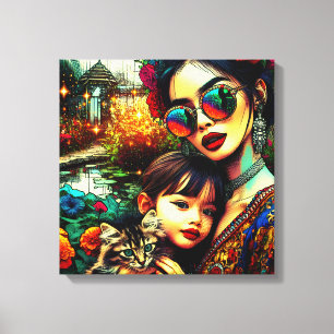 Farbige Kunst Mutter und Tochter asiatischer Blume Leinwanddruck