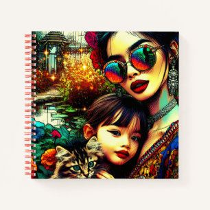 Farbige Kunst Mutter und Tochter asiatischer Blume Notizblock