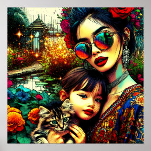Farbige Kunst Mutter und Tochter asiatischer Blume Poster
