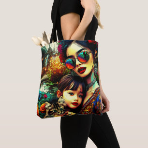 Farbige Kunst Mutter und Tochter asiatischer Blume Tasche