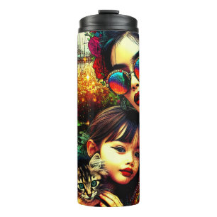 Farbige Kunst Mutter und Tochter asiatischer Blume Thermosbecher