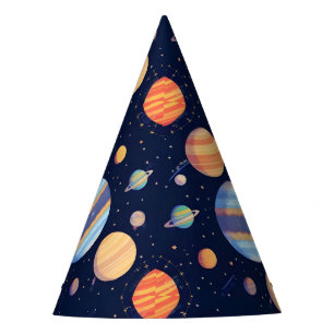 Farbige künstlerische Darstellung von Planeten und Partyhütchen