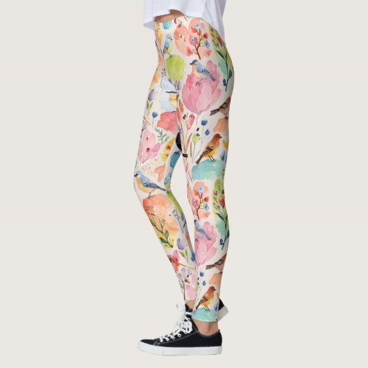 Farbige Künstlerische Vögel und Blume Aquarell Leggings (Links)