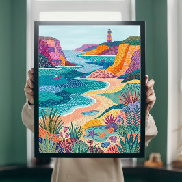 Farbige Küsten-Volks-Kunst Leuchtturm Strand Leinw Poster